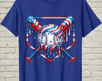 Boys Baseball Shirt, USA Flag Drip Style, Fourth Of July Gift For Son, Patriotic Kids Tee, Youth Summer Apparel, Toddler Sports Top