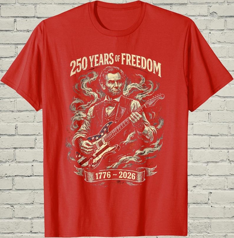 Funny Lincoln Playing Guitar Shirt, Retro 250 Years Of USA Freedom Apparel, 1776 To 2026 Patriotic 4th Of July Gift For Musician afbeelding 5