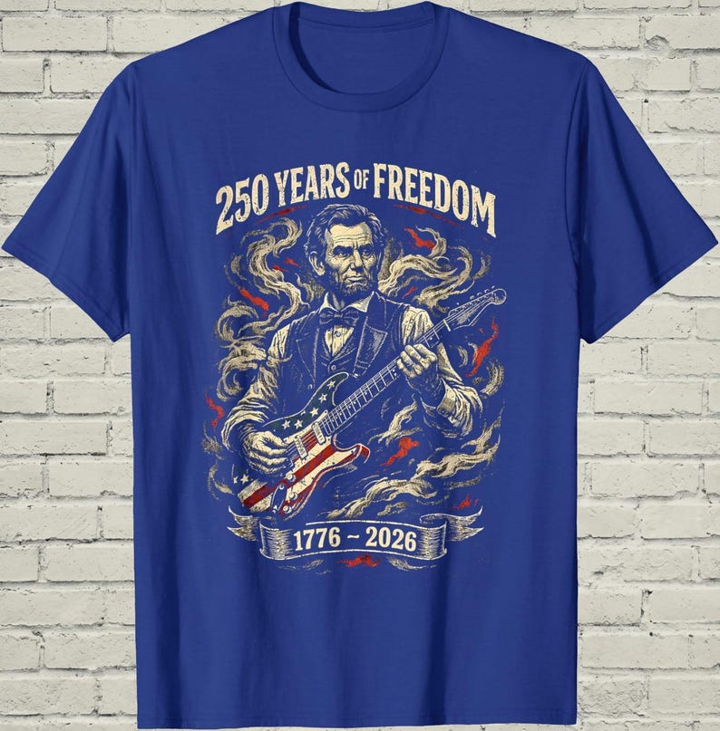 Funny Lincoln Playing Guitar Shirt, Retro 250 Years Of USA Freedom Apparel, 1776 To 2026 Patriotic 4th Of July Gift For Musician afbeelding 11