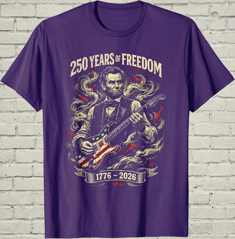 Funny Lincoln Playing Guitar Shirt, Retro 250 Years Of USA Freedom Apparel, 1776 To 2026 Patriotic 4th Of July Gift For Musician afbeelding 8
