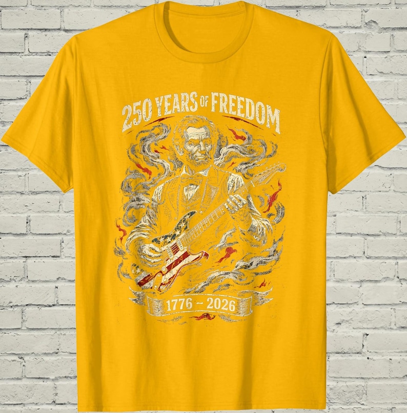 Funny Lincoln Playing Guitar Shirt, Retro 250 Years Of USA Freedom Apparel, 1776 To 2026 Patriotic 4th Of July Gift For Musician afbeelding 9