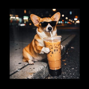 Könnte beinhalten: Ein Corgi-Hund mit Sonnenbrille trinkt Eiskaffee durch einen Strohhalm. Der Hund ist braun und weiß, und der Kaffee befindet sich in einem durchsichtigen Plastikbecher. Der Hintergrund ist verschwommen mit Straßenlaternen.