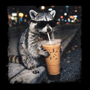 May include: A raccoon wearing black sunglasses is drinking iced coffee from a clear plastic cup with a straw. The raccoon is sitting on a curb at night with blurred city lights in the background.