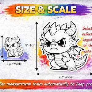 Puede incluir: Un dise&ntilde;o de pegatina en blanco y negro de un drag&oacute;n de dibujos animados enfadado con cuernos y alas. La imagen muestra el tama&ntilde;o y la escala de la pegatina, con medidas de 10,16 cm de alto x 6,32 cm de ancho y 20,32 cm de alto x 18,29 cm de ancho. El texto "SIZE & SCALE" est&aacute; en la parte superior.