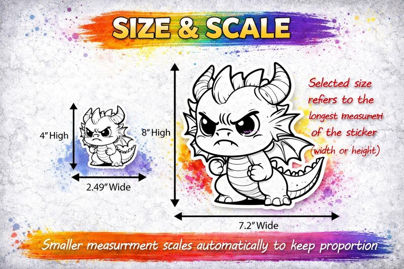 Puede incluir: Un dise&ntilde;o de pegatina en blanco y negro de un drag&oacute;n de dibujos animados enfadado con cuernos y alas. La imagen muestra el tama&ntilde;o y la escala de la pegatina, con medidas de 10,16 cm de alto x 6,32 cm de ancho y 20,32 cm de alto x 18,29 cm de ancho. El texto "SIZE & SCALE" est&aacute; en la parte superior.