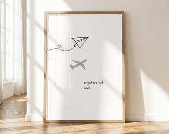 Plakat podróżniczy „Anywhere But Here”, minimalistyczny cytat z samolotu, plakat z motywem włóczęgi