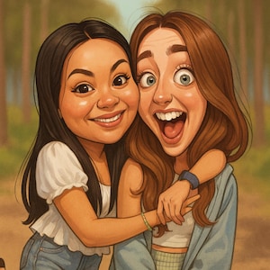 May include: Digital illustration of two smiling women embracing. One woman has dark hair and a white top, the other has light brown hair and a blue jacket. The background shows a blurred forest scene.