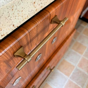 Mid Century Modern Antique Brass Cabinet Pulls, Architectural Drawer Handles, Minimalist Kitchen Hardware