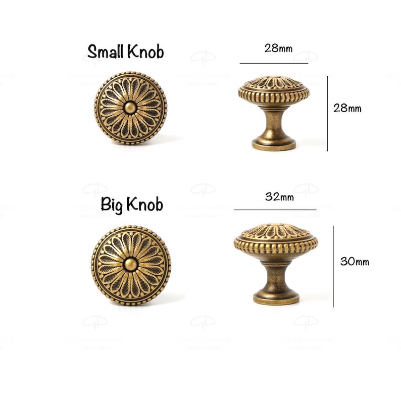 May include: Antique brass finish cabinet knobs. The image shows two sizes: a small knob, 1.1 inches in diameter and height, and a big knob, 1.26 inches in diameter and 1.18 inches in height. The knobs have a floral design and are labeled "Small Knob" and "Big Knob".