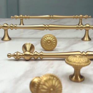 French Brass Drawer Pulls, Brushed Gold Kitchen Handles, Victorian Dresser Knobs, Classic Cabinet Hardware
