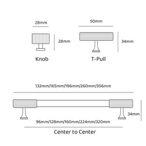 K&ouml;nnte beinhalten: Diagramm von Schrankbeschl&auml;gen, einschlie&szlig;lich eines Knaufs (28 mm x 28 mm), eines T-Griffs (50 mm x 34 mm) und eines Stangengriffs mit verschiedenen Lochabst&auml;nden von 96 mm bis 320 mm. Der Text "Center to Center" steht darunter.