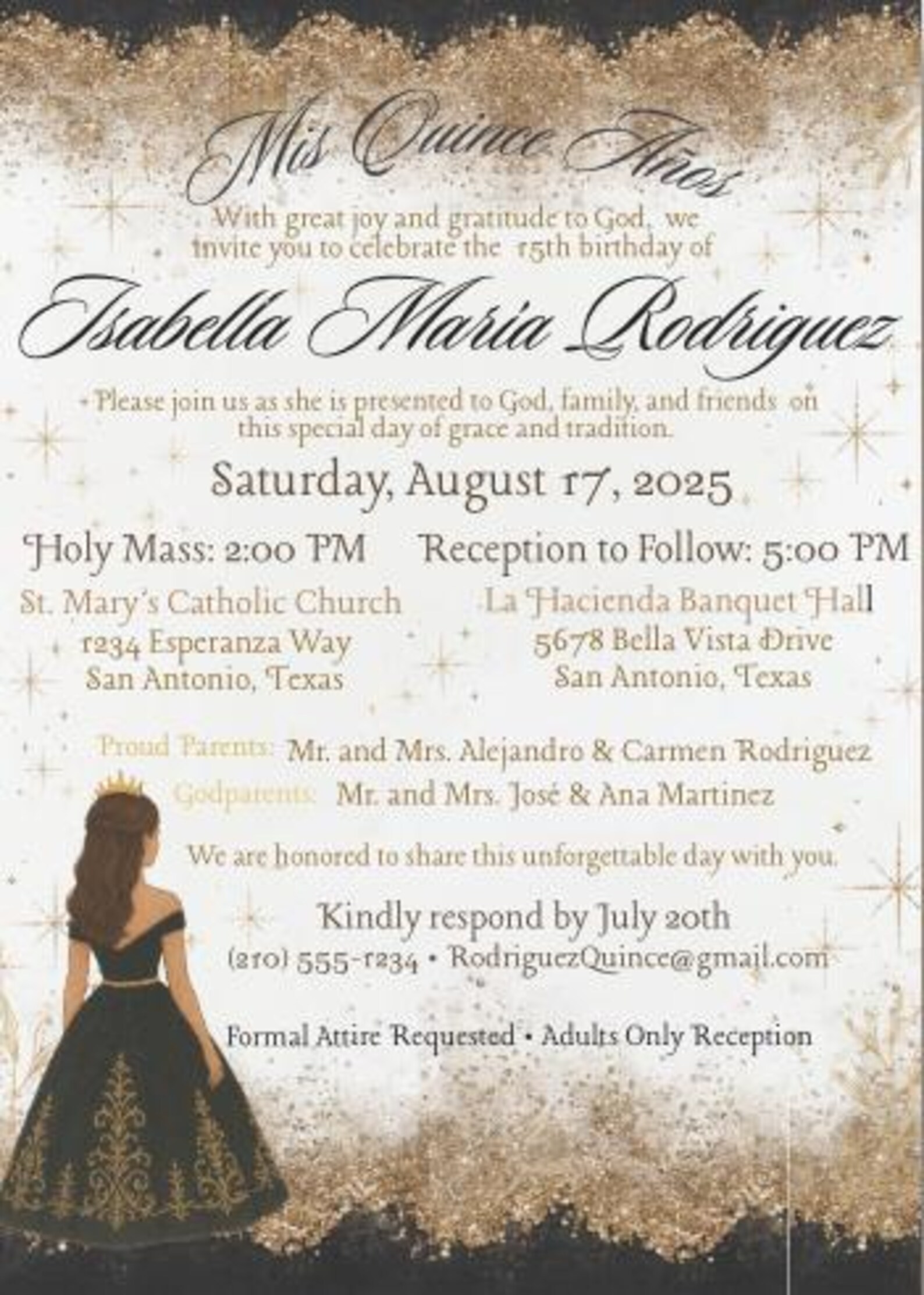 Black and Gold Editable Quinceañera Invitation Template - One Side ...