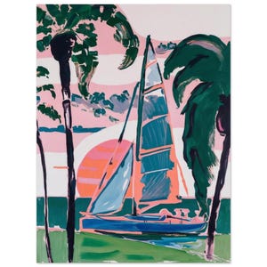 Tropical Sailboat Sunset Print – Abstract Coastal Wall Art | Vibrant Ocean Landscape Poster | Colorful Nautical Travel Decor