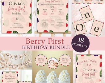 Berry First Birthday Party Bundle: Strawberry 1st Birthday Decor (Digital Download))