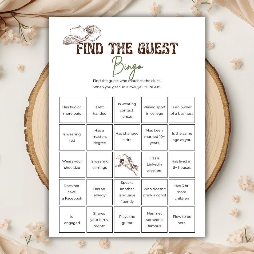 Find a Guest Bingo Cowboy Birthday Game Wild West Bingo Birthday Party ...