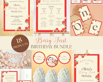 Puede incluir: Un conjunto de suministros para fiestas con el tema "Berry First Birthday". Incluye invitaciones, un letrero de bienvenida, una tabla de hitos, adornos para cupcakes y una pancarta. La combinación de colores es rojo, blanco y beige.