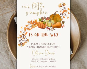 Uitnodiging babyshower kleine pompoen: herfstthema (digitale download: 5 x 7 inch)