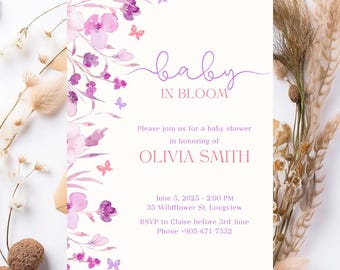 Wildflower Baby Shower Invitation: Baby in Bloom, Butterfly Design (Canva Template, Digital Download