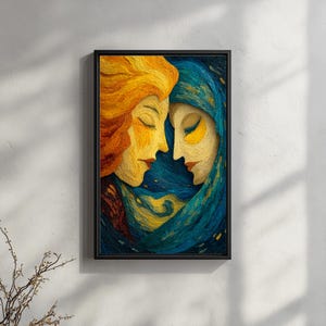 May include: Framed artwork featuring two stylized faces in profile, touching. One face has orange hair, the other is draped in a blue cloth. The artwork uses a textured, painterly style with a dark blue background and yellow accents.