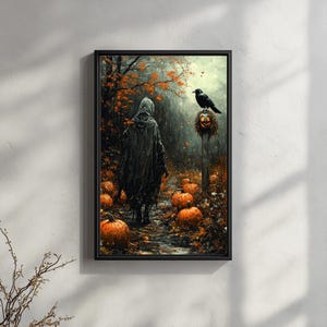 May include: A framed Halloween-themed print depicts a hooded figure walking through a forest path lined with pumpkins. A black crow perches atop a carved pumpkin on a wooden post. The artwork features a dark, autumnal color palette.
