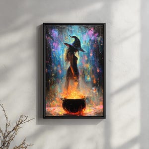 May include: A framed art print depicts a witch in a black hat and dress standing near a bubbling cauldron. The artwork features vibrant colors, including orange, blue, and purple, with a mystical and magical theme. The witch is silhouetted against a colorful background.