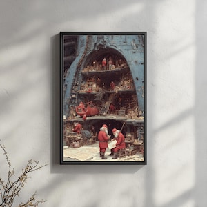 May include: A framed print depicting a detailed interior scene of Santa's workshop. The image shows multiple levels filled with elves in red suits, working on toys and other items. The workshop is housed within a large, blue structure.