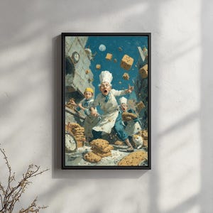 以下が含まれることがあります： 額装されたアートプリントは、空から落ちてくるシェフとクッキーの混沌としたシーンを描いています。白い帽子とエプロンを着たシェフたちは驚いた様子。このアートワークは、青とベージュのカラーパレットで、シュールで気まぐれなスタイルが特徴です。