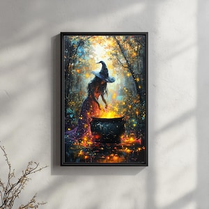 May include: A framed art print depicts a witch in a forest, stirring a cauldron with a bright orange flame. The witch wears a long purple dress and a pointed black hat. The background features a colorful, glowing forest scene.