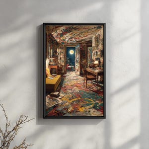 Puede incluir: Una impresión artística enmarcada representa el estudio de un artista colorido, salpicado de pintura. La habitación está llena de muebles, obras de arte y una vista de una noche iluminada por la luna a través de una puerta abierta. La obra tiene un estilo impresionista texturizado.
