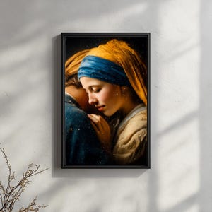 May include: Framed art print of a classic painting. The artwork depicts a woman with a blue headscarf and a yellow head covering, leaning against another person. The painting has a dark background with a soft, diffused light and a black frame.