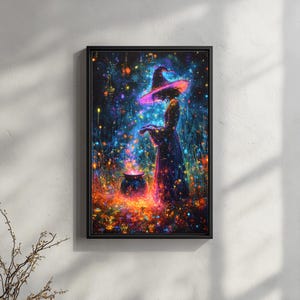 May include: A framed art print depicts a witch in a long dress and hat, standing near a bubbling cauldron. The artwork is filled with vibrant colors, including orange, purple, and blue, creating a magical and enchanting scene.