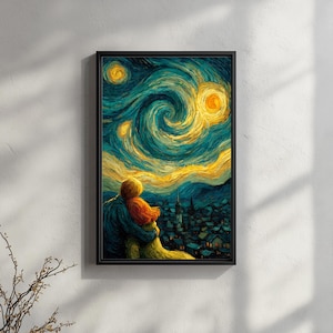 May include: Framed art print showing a couple looking at a swirling night sky with bright yellow stars. The artwork features a town below, rendered in blues, yellows, and oranges, creating a sense of wonder and intimacy.
