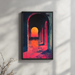 Könnte beinhalten: Gerahmter Kunstdruck, der eine surreale Szene eines langen, gewölbten Korridors in Rot- und Orangetönen zeigt. Am Ende befindet sich eine große, leuchtend orangefarbene Sonne mit Silhouetten. Das Kunstwerk hat eine stimmungsvolle, atmosphärische Ausstrahlung.