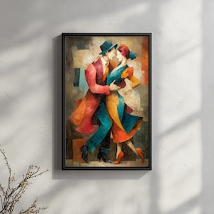 May include: Abstract art print of a couple dancing the tango. The artwork features a man in a red coat and a woman in a blue and yellow dress. The painting is framed in a black rectangular frame and is mounted on a white wall.