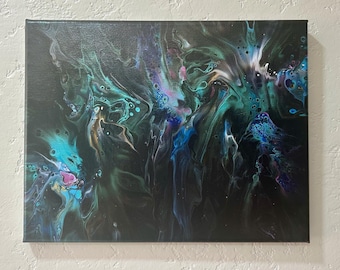 Kosmische Träume – Originales abstraktes Fluid Art Gemälde | Acryl auf Leinwand giessen | Wanddekoration mit Türkis-, Lila- und Goldakzenten