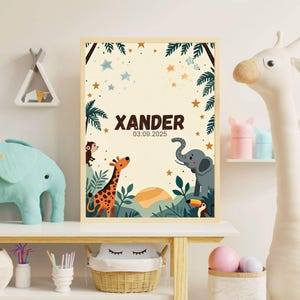 Impresión personalizada con nombre y fecha de nacimiento para bebé / Decoración de guardería de safari / jungla