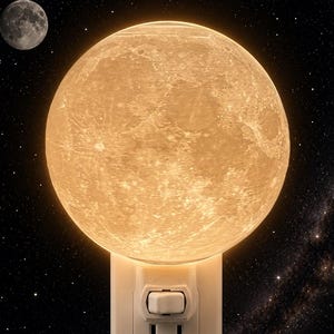 May include: A spherical moon-shaped night light with a textured, cratered surface that emits a warm, golden glow. The light is mounted on a white rectangular wall plug-in base featuring a manual toggle switch and a standard two-prong electrical outlet.