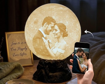 Personalized Moon Lamp with Photo and Text - Custom 3D Printed Night Light - Unique Anniversary or Birthday Gift for Couples and Her