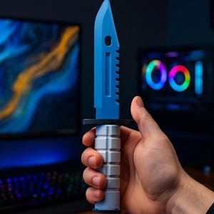 May include: A blue and gray knife with a serrated edge and a rectangular handle. The knife is held in a person's hand. The background includes a computer monitor and a keyboard.