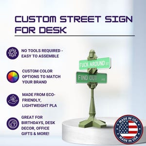May include: A green desk street sign with the text "FUCK AROUND ST" and "FIND OUT AVE". The sign is on a white pedestal. The sign is made in the USA.