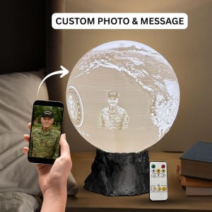 Personalized Army Soldier Gift - Custom Photo Moon Lamp for Veteran Retirement or Deployment Homecoming - Military Night Light Appreciation