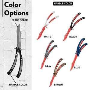 May include: Image showcasing butterfly knives with various handle colors: white, black, gray, brown, and blue. The blades are red. The image also includes a knife with a gray blade and black handle, with the text "Color Options" and "Blade Color" and "Handle Color".