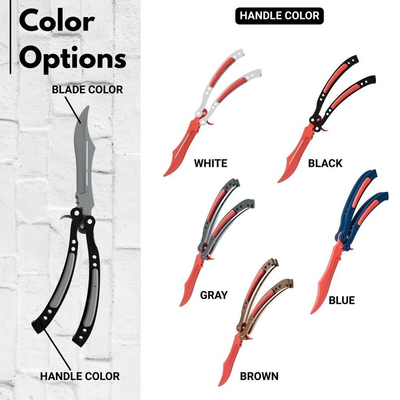 May include: Image showcasing butterfly knives with various handle colors: white, black, gray, brown, and blue. The blades are red. The image also includes a knife with a gray blade and black handle, with the text "Color Options" and "Blade Color" and "Handle Color".