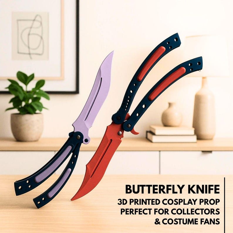 May include: Two 3D-printed butterfly knives. One has a lavender blade and black and purple handles. The other has a red blade and black and red handles. The text on the image reads "BUTTERFLY KNIFE 3D PRINTED COSPLAY PROP PERFECT FOR COLLECTORS & COSTUME FANS."