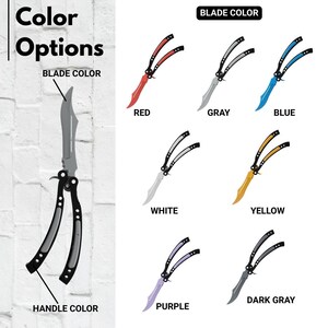 May include: Color options for butterfly knives. Blades are available in red, gray, blue, white, yellow, purple, and dark gray. The handle color is black. The text "Color Options" and "Blade Color" are visible.