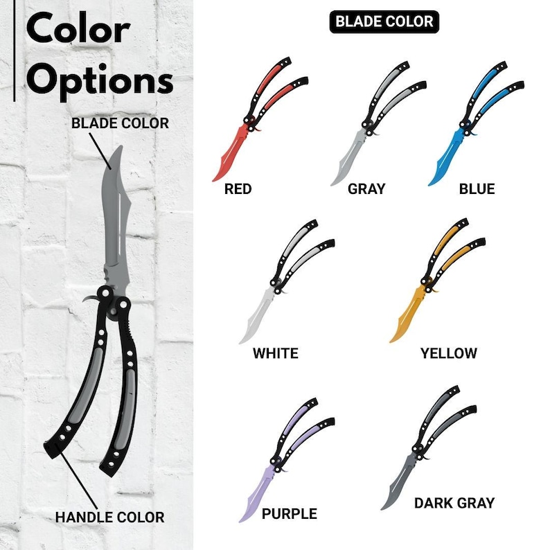 May include: Color options for butterfly knives. Blades are available in red, gray, blue, white, yellow, purple, and dark gray. The handle color is black. The text "Color Options" and "Blade Color" are visible.