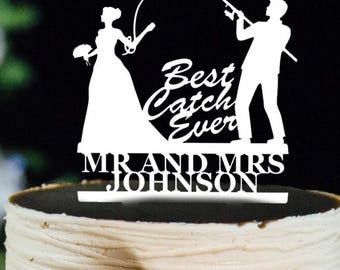 Best Catch Ever Wedding Cake Topper | Funny Fishing Groom & Bride | Personalized Rustic Wedding Decor | Custom Last Name Cake Decoration