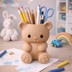 May include: A tan bear-shaped desk organizer filled with pencils and a pair of blue scissors. The bear has black eyes and a smiling face. A white stuffed bunny and a toy car are in the background. Crayons and a drawing are on the table.