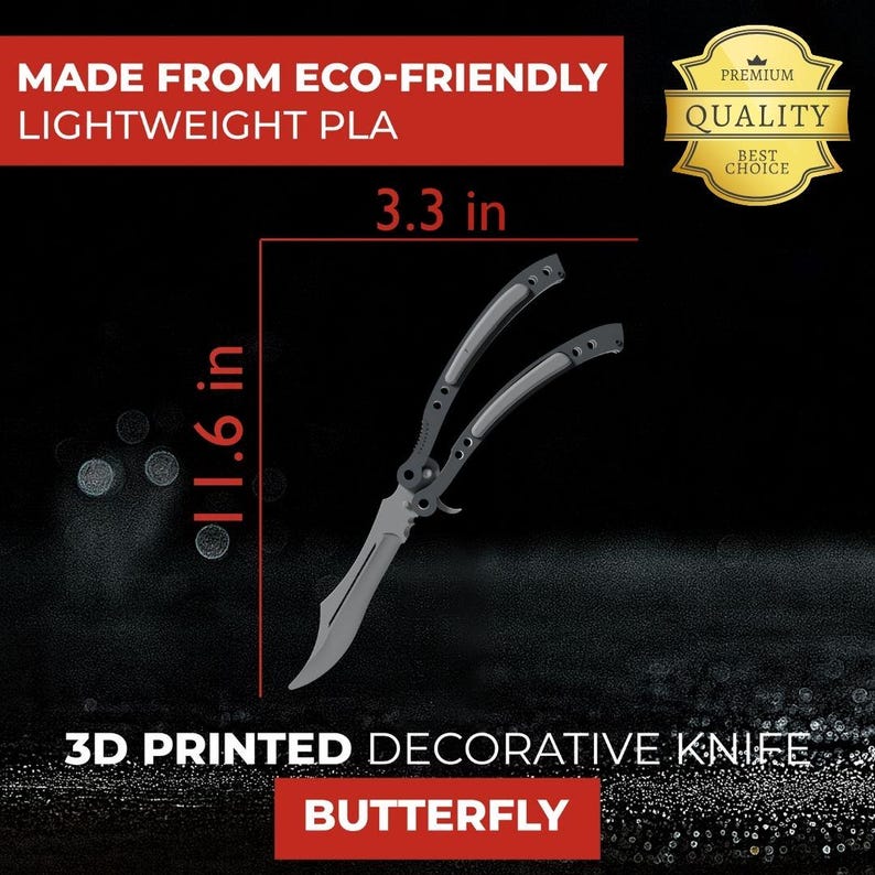 May include: A 3D-printed decorative butterfly knife, 11.6 inches long and 3.3 inches wide, made from eco-friendly, lightweight PLA. The knife is gray with a silver blade and a black background. The image includes the text "Butterfly".
