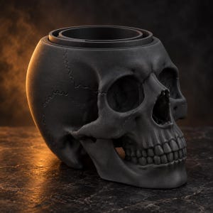 May include: A matte black skull-shaped container with a hollow interior and a circular opening at the top. The object features realistic anatomical details including defined teeth, eye sockets, nasal cavity, and visible suture lines along the cranium.
